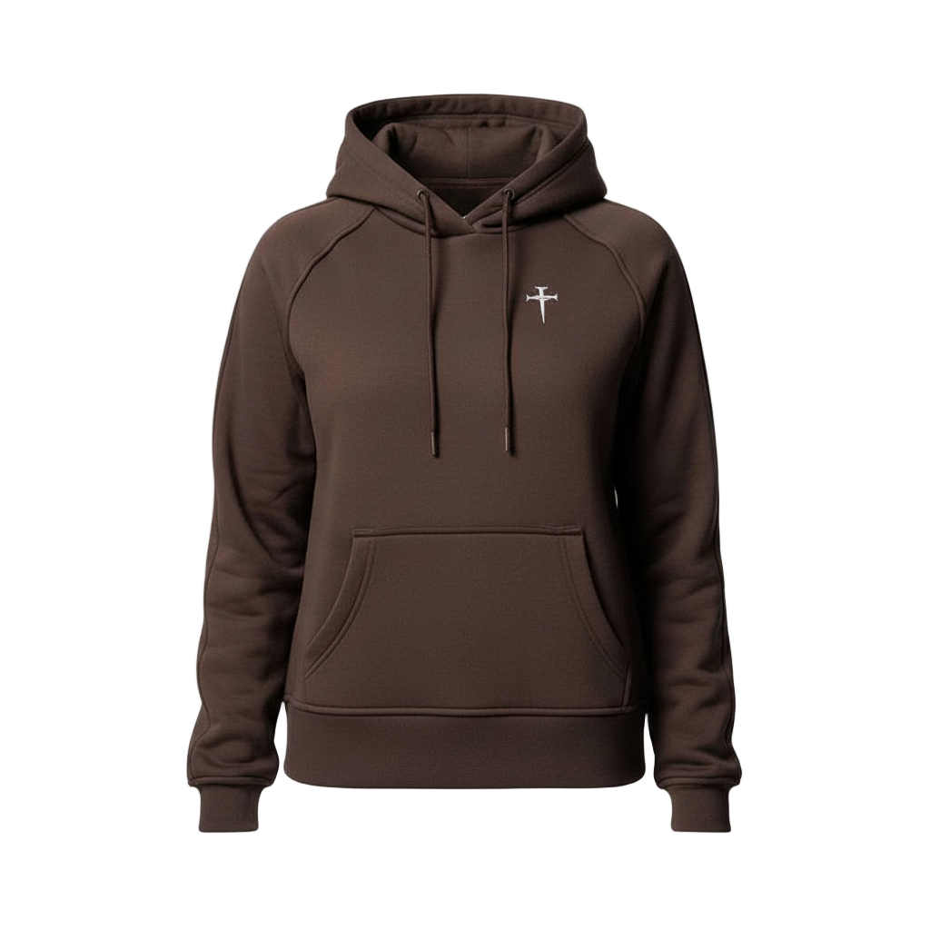 Brown hoodie with a small white logo on a light gray background