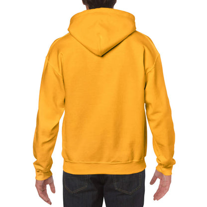 Yellow hoodie worn by a person on a white background