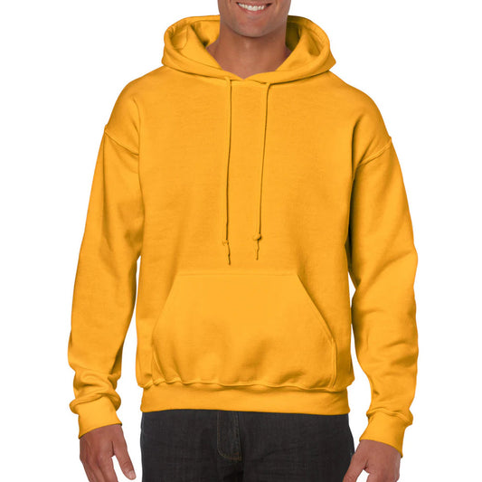 Yellow hoodie worn by a person on a white background